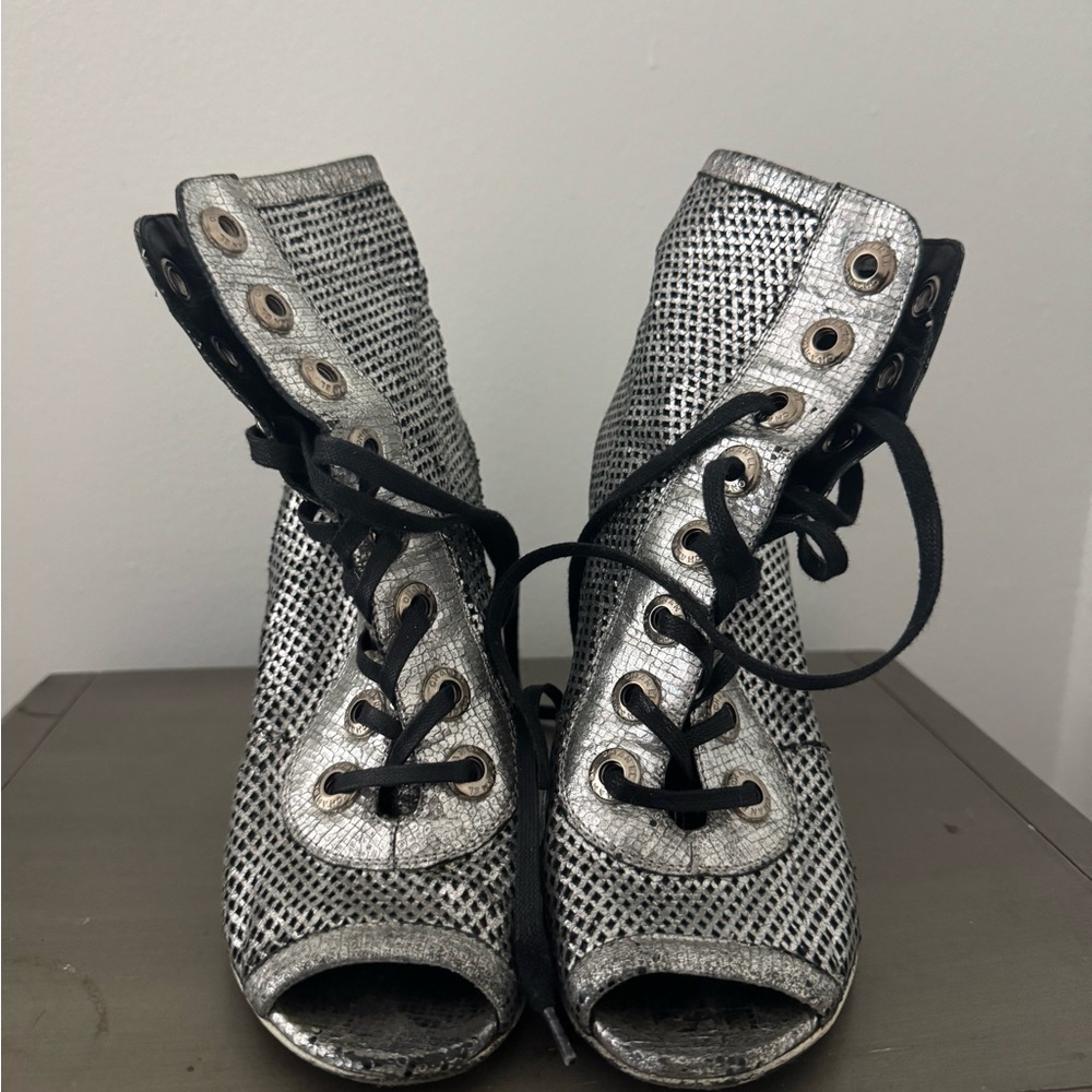 CHANEL Silver Lace-Up Peep-Toe Boots
